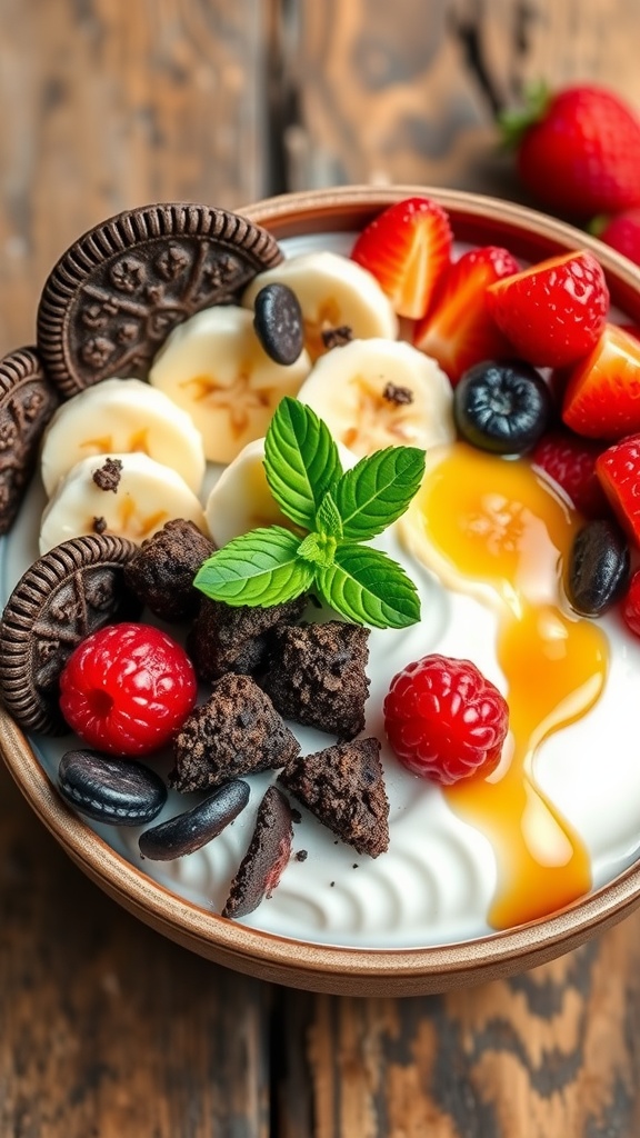 A delicious cookie yogurt bowl with yogurt, cookie crumbs, banana, and berries, garnished with mint on a wooden table.